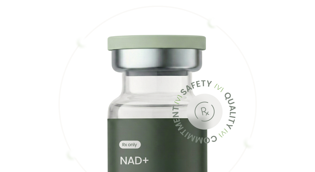 NAD+ vial surrounded by its benefits: cellular energy, cognitive performance, healthy aging, mental clarity