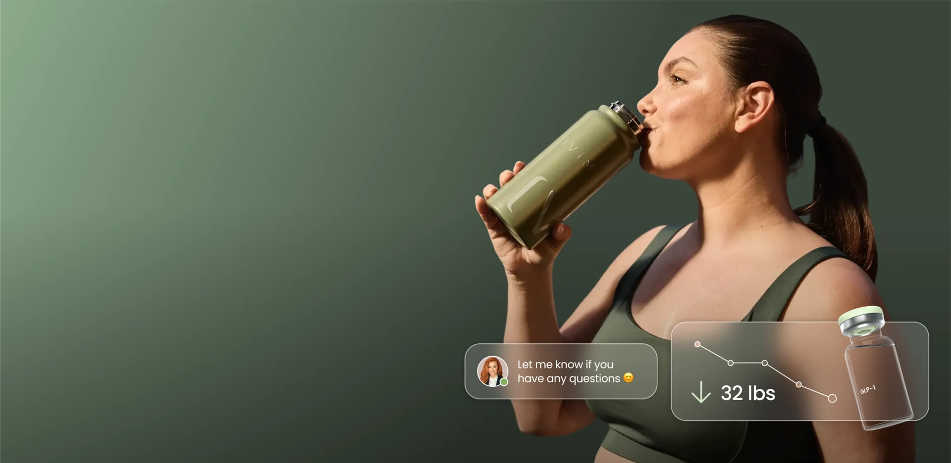 Woman drinking from an Iv&iacute;m water bottle, with a provider message and a 32 lbs progress chart
